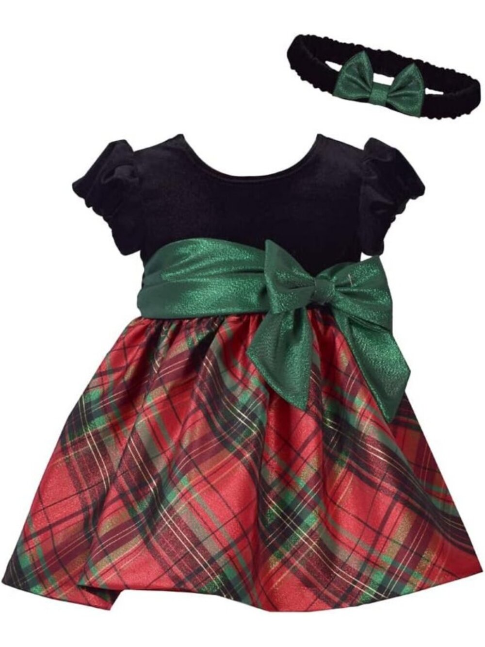 Bonnie Jean Girls Holiday Christmas Dress - Classic Plaid with Velvet with Hair
